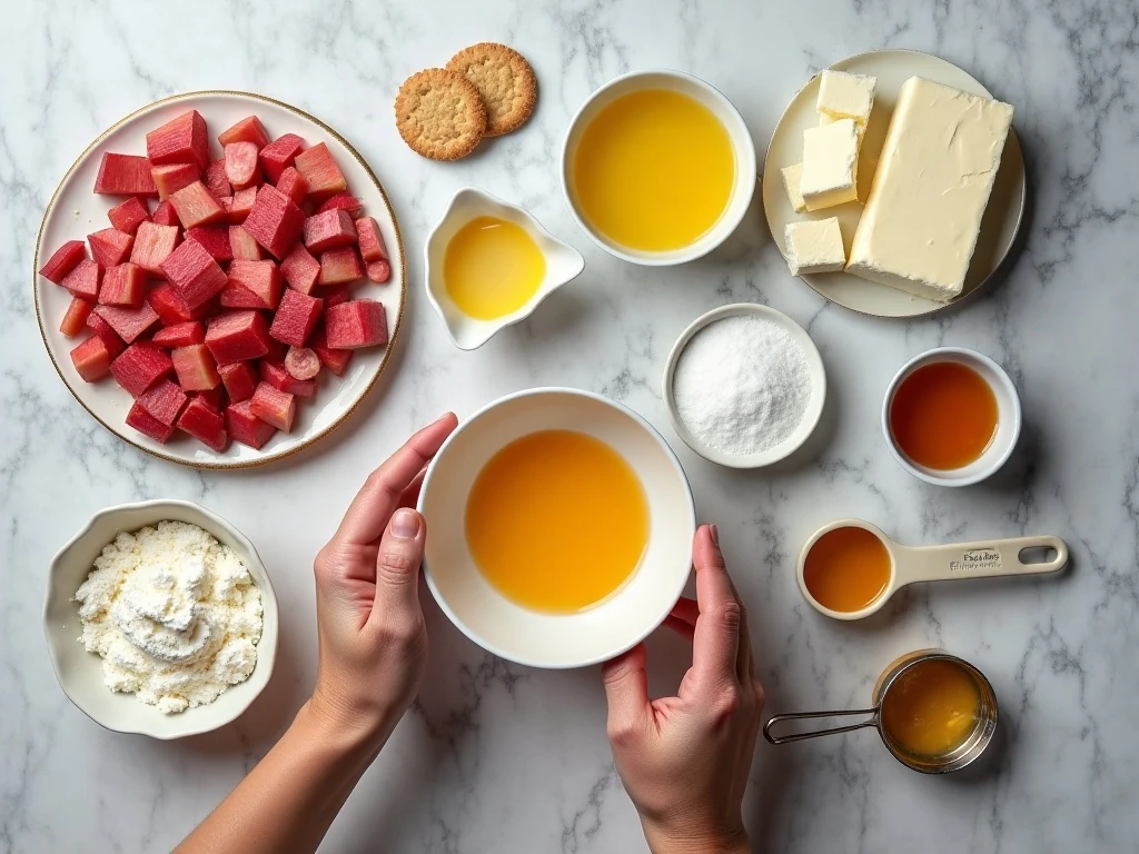 Ingredients for rhubarb cheesecake arranged for baking