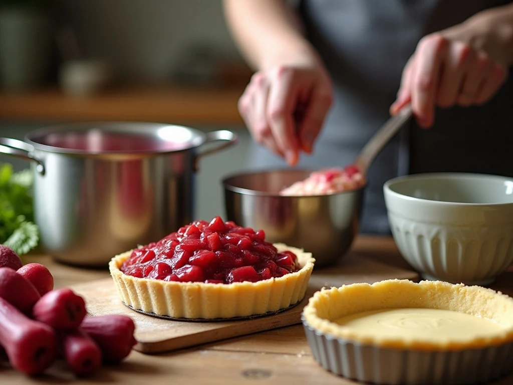 Preparing the cooked rhubarb swirl and cheesecake components