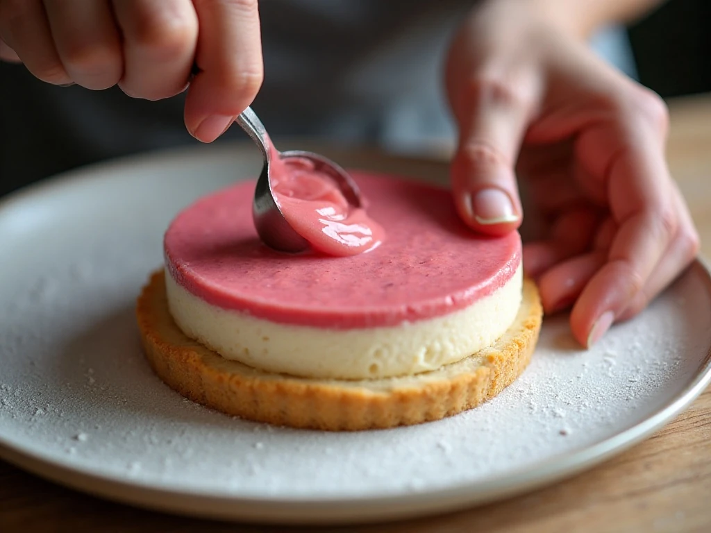 Gently swirling rhubarb into smooth cheesecake batter