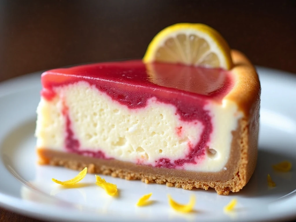 Close-up slice of rhubarb cheesecake with lemon zest garnish