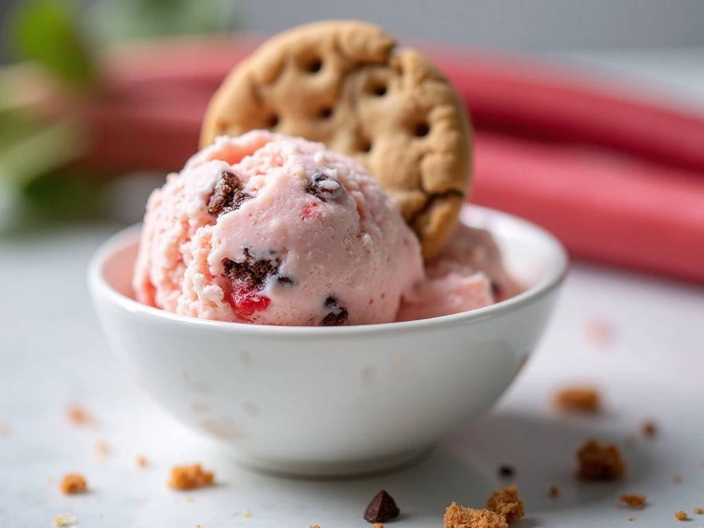 Two scoops of rhubarb cookies and cream ice cream with pink fruit swirls and chocolate cookie pieces
