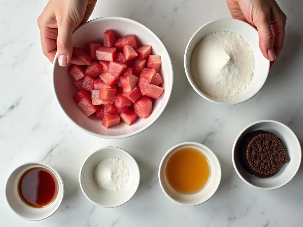 Ingredients for rhubarb cookies and cream ice cream arranged for preparation