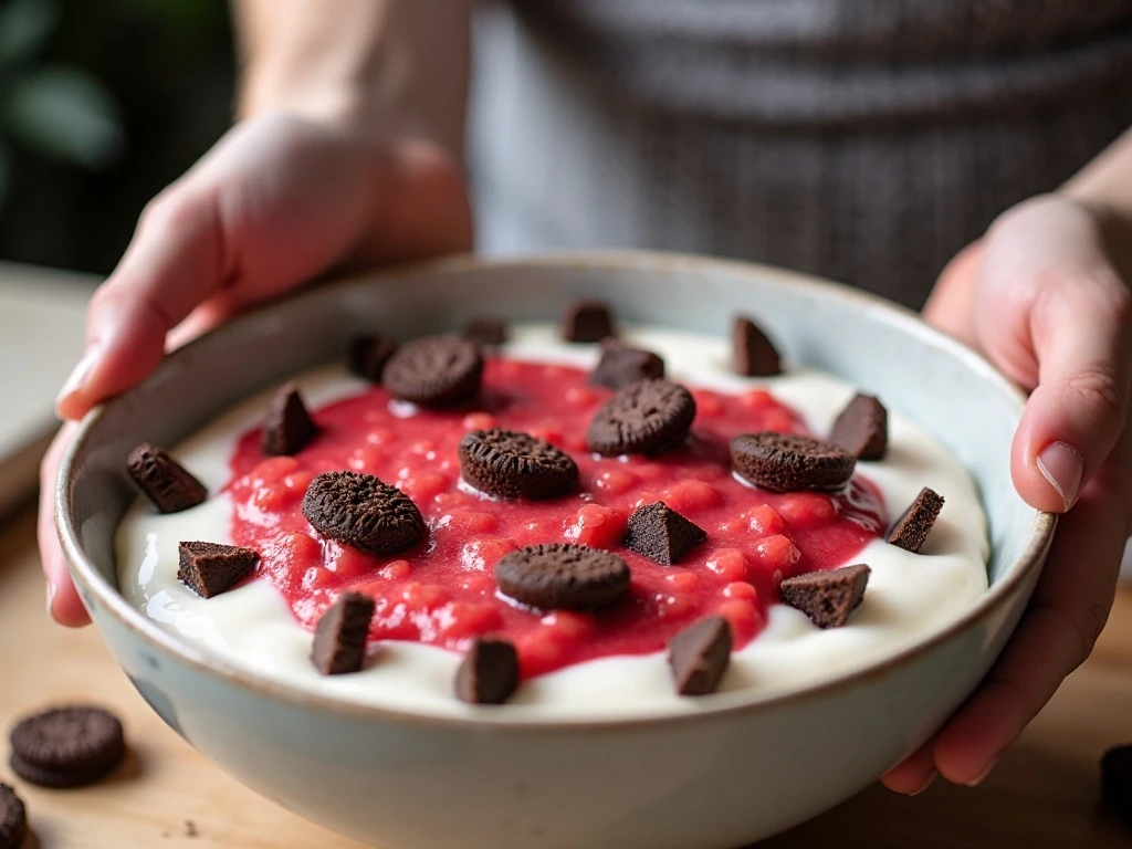 Rhubarb compote and cookie pieces being folded into the no-churn ice cream base