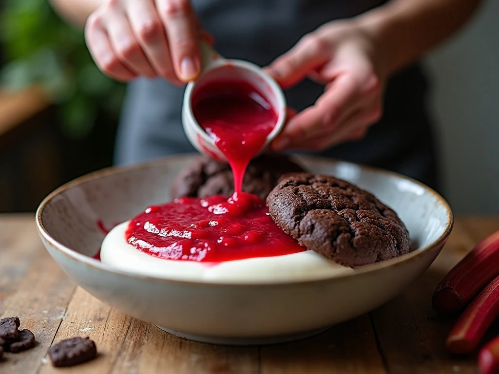 Thick rhubarb compote and chunky cookies prepared for creamy no-churn ice cream