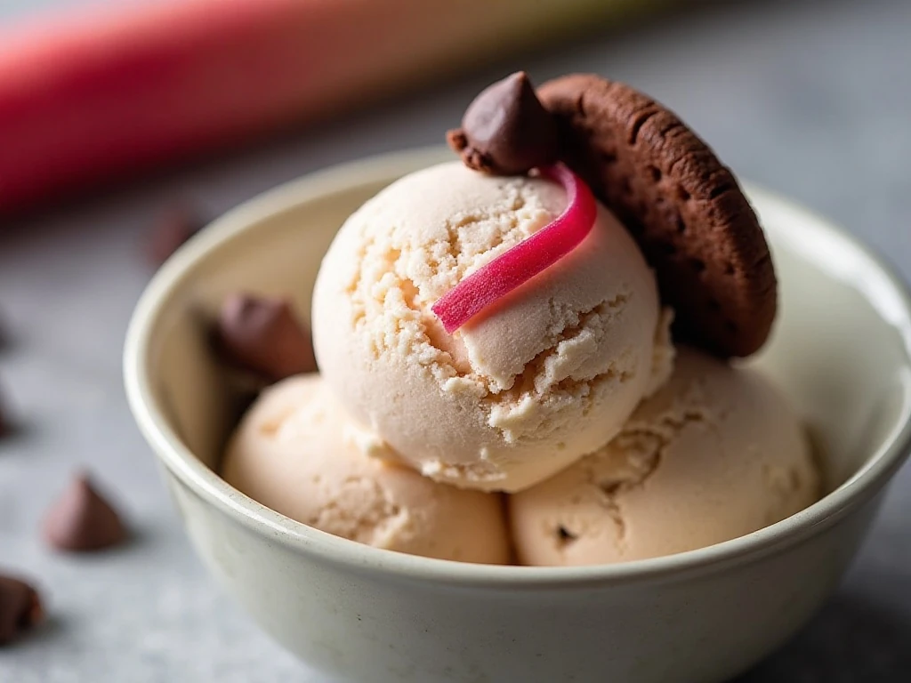 Close-up scoop of rhubarb cookies and cream ice cream ready to serve