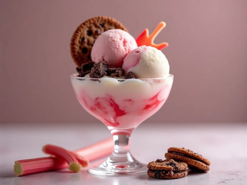 Elegant bowl of homemade rhubarb cookies and cream ice cream