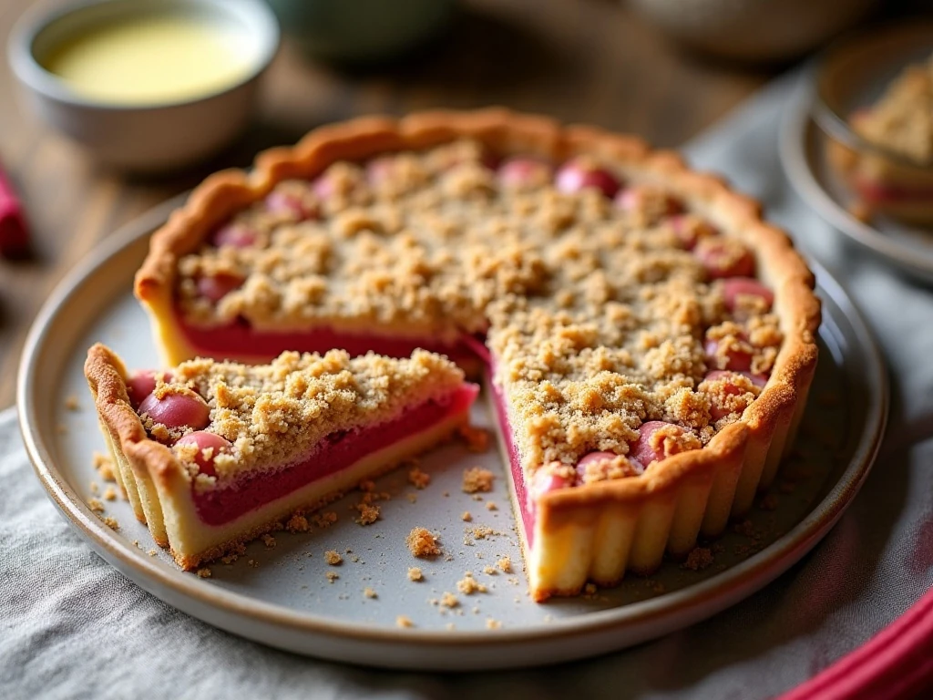 Rustic rhubarb crumble tart with a golden topping and visible pink fruit filling