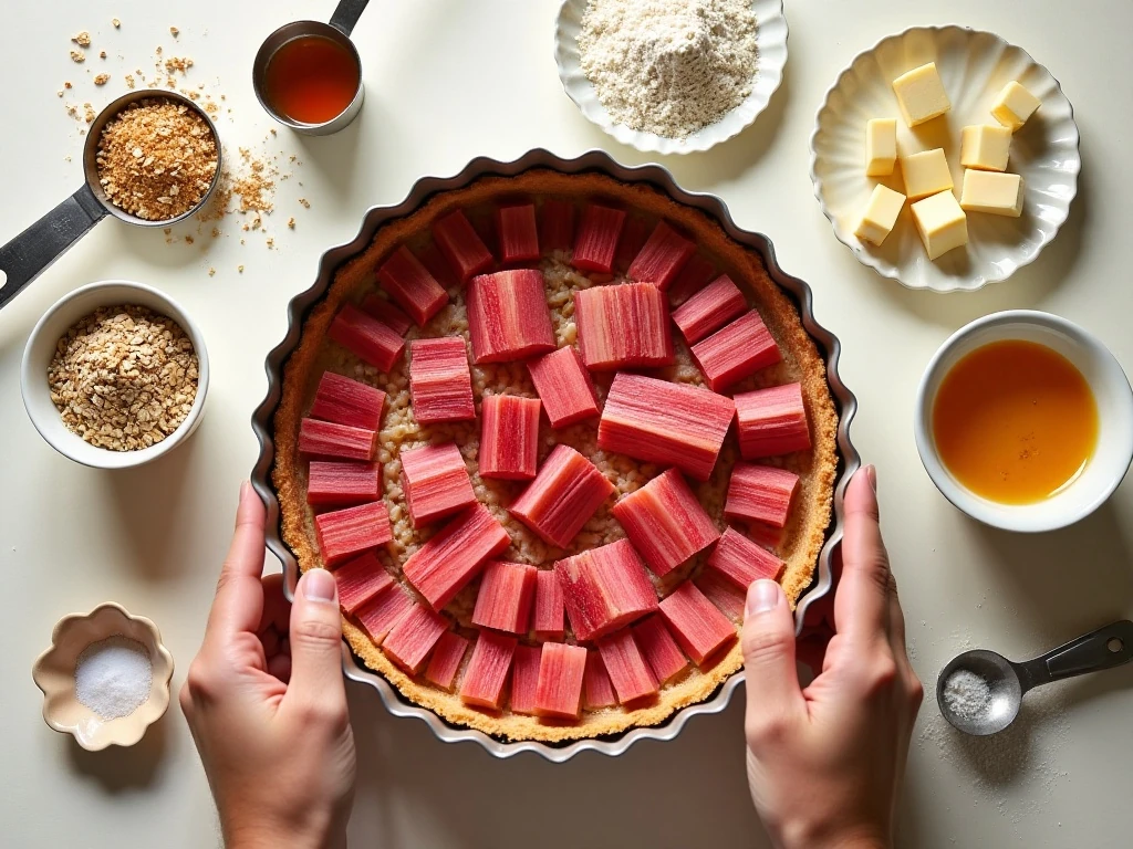 Ingredients for rhubarb crumble tart arranged beside a tart tin