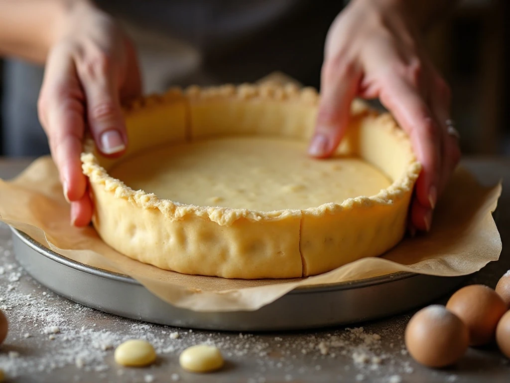 Sweet shortcrust pastry being fitted into a tart tin