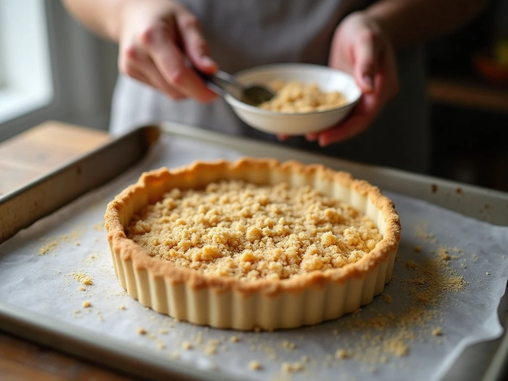Blind-baked tart shell prepared for rhubarb filling and crumble
