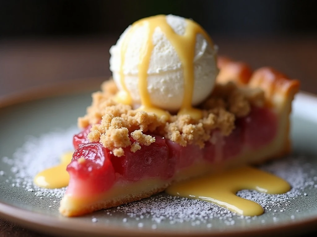 Slice of rhubarb crumble tart served with vanilla ice cream and custard