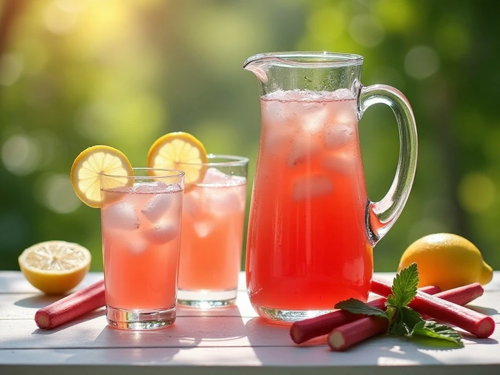 Pitcher and glasses of refreshing pink rhubarb lemonade