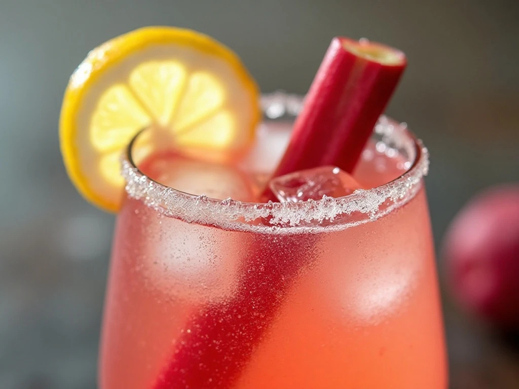 Close-up of rhubarb lemonade with lemon garnish