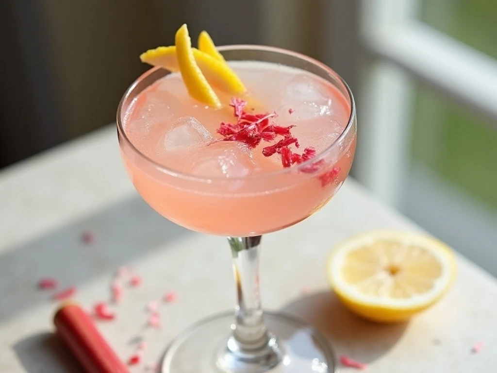 Refreshing pink rhubarb martini with lemon twist and rhubarb garnish