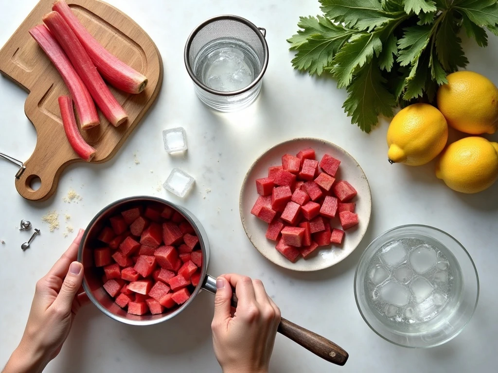 Ingredients for homemade rhubarb syrup and rhubarb martini