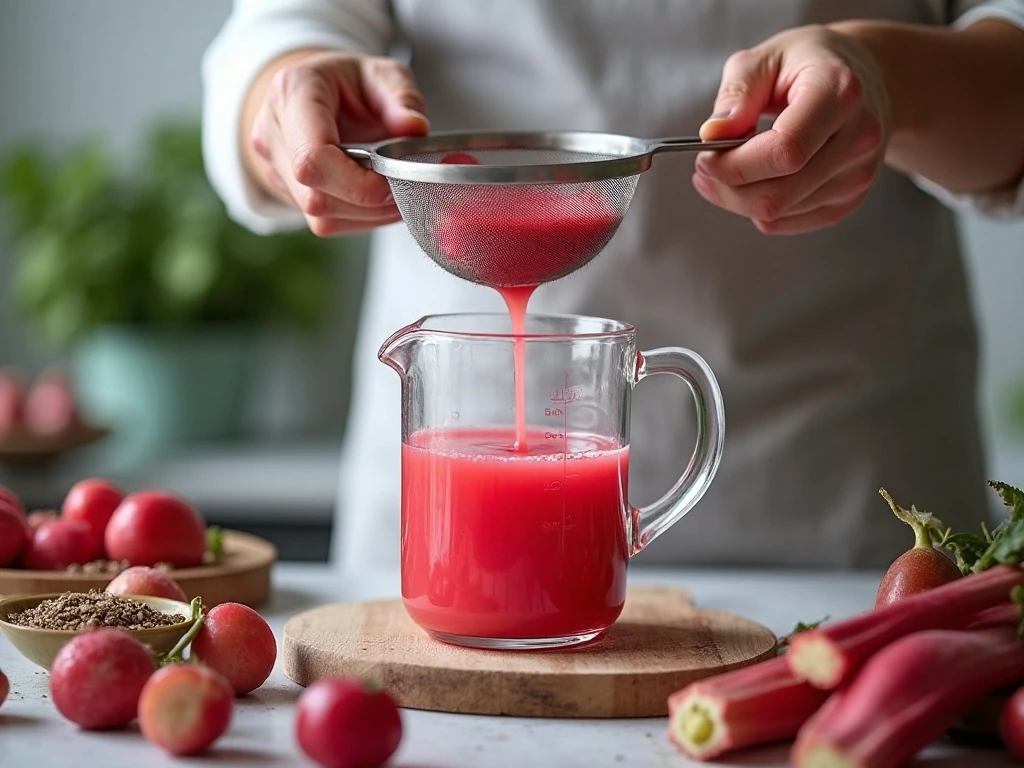 Straining homemade rhubarb syrup for a martini