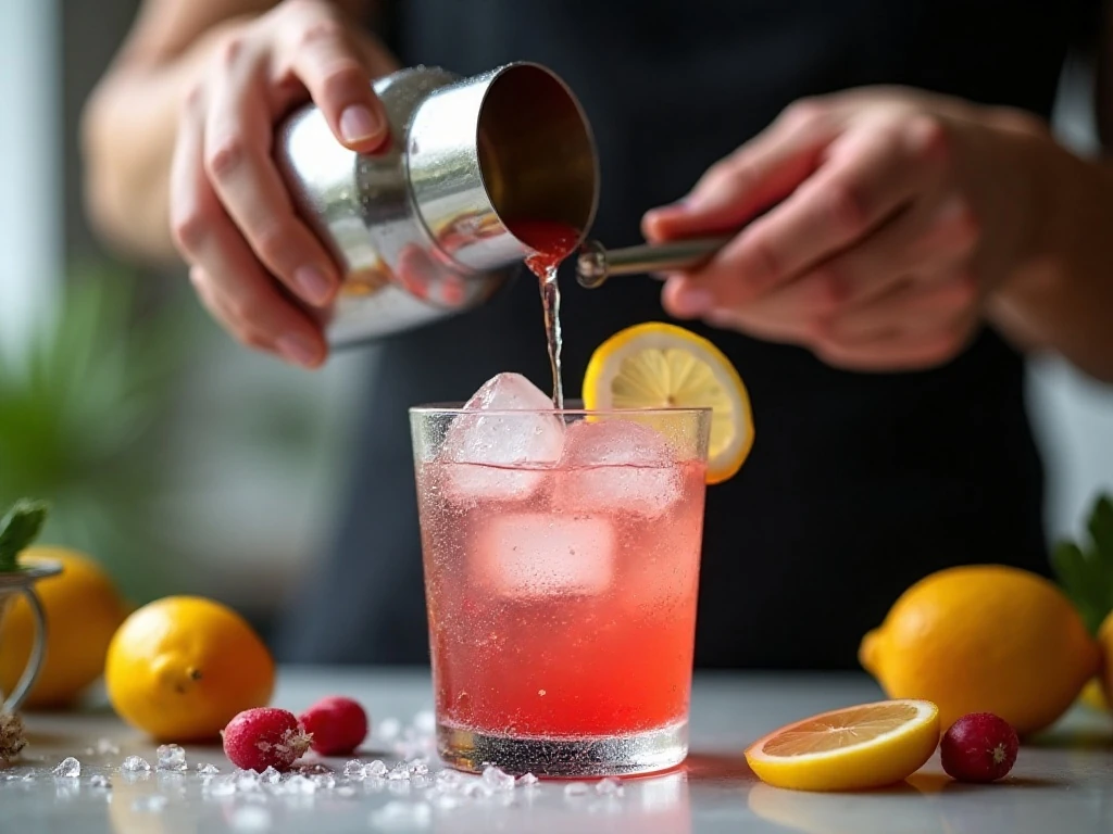 Shaking rhubarb syrup, vodka, lemon, and ice for a martini