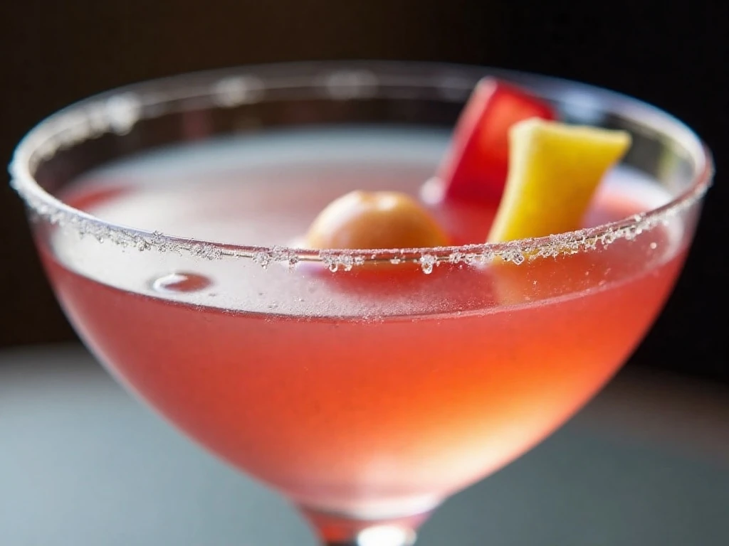Rhubarb ribbon and lemon twist garnish on a pink martini