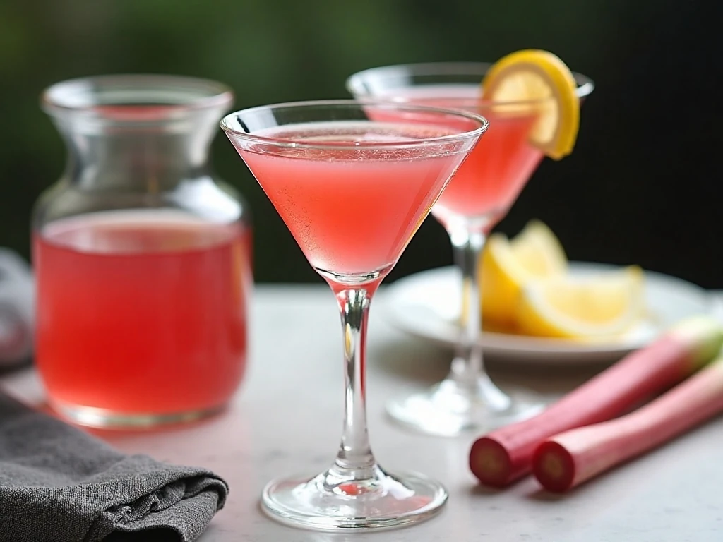 Rhubarb martinis and homemade rhubarb syrup prepared for entertaining