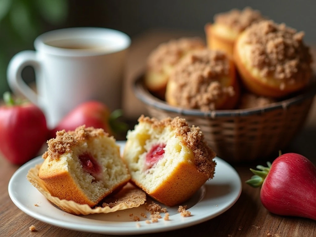 Basket of homemade rhubarb muffins with cinnamon crumb topping