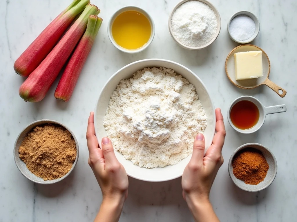 Ingredients for rhubarb muffins with crumb topping