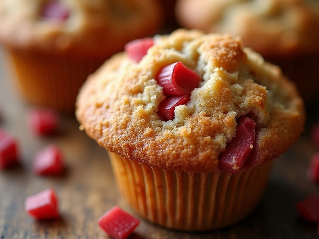 Close-up of the tender rhubarb muffin crumb and topping