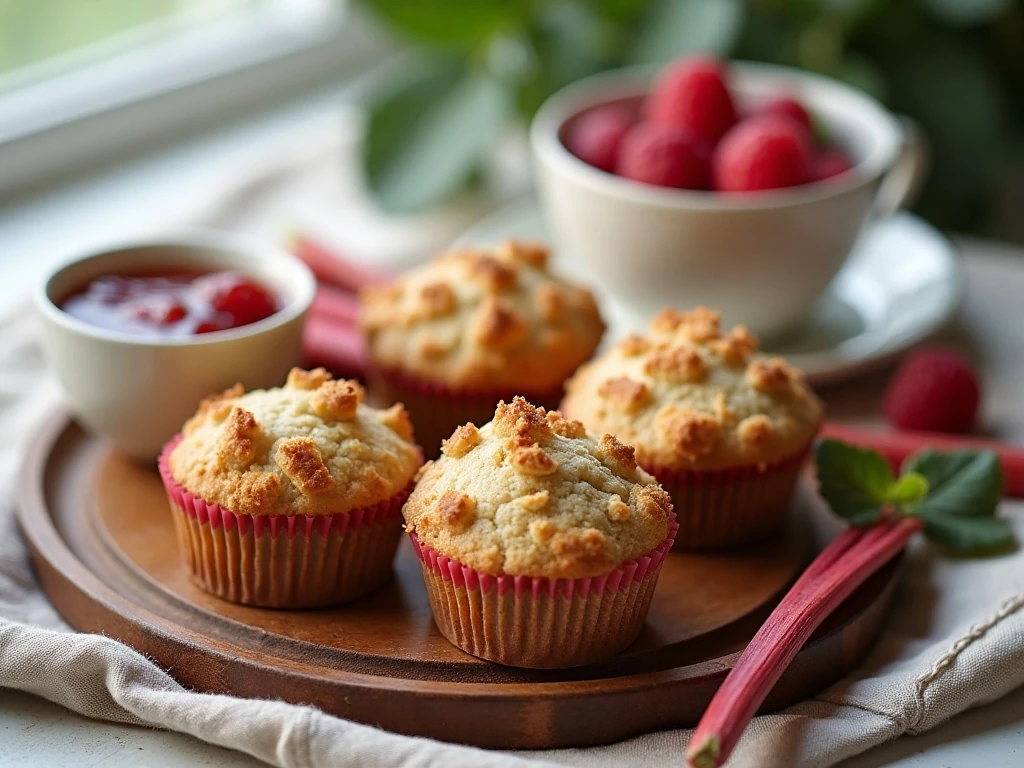 Rhubarb muffins served with raspberry sauce for breakfast