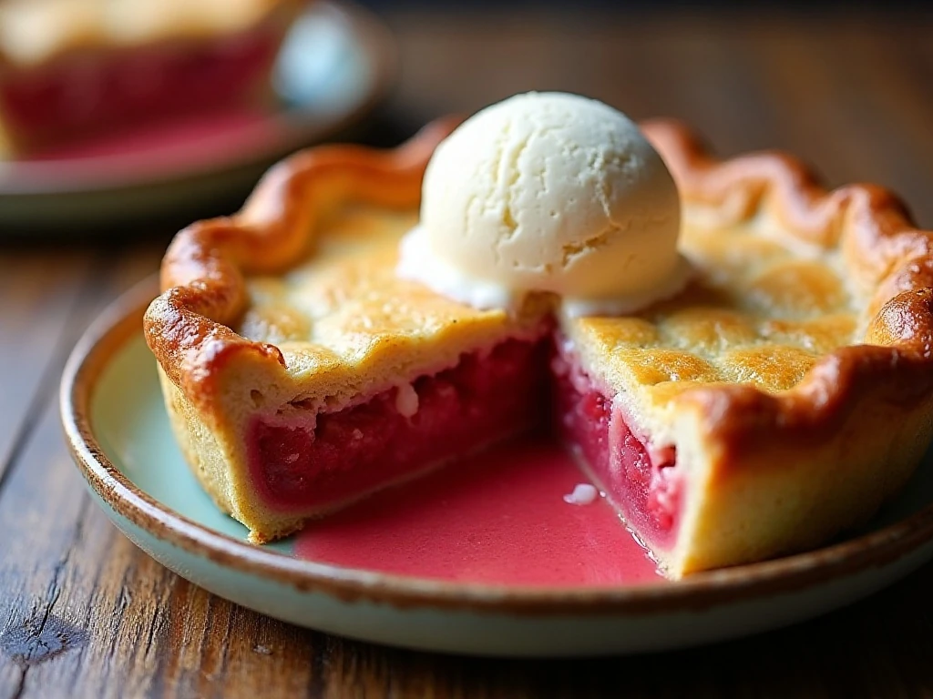 A slice of homemade sweet-tart rhubarb pie served with vanilla ice cream