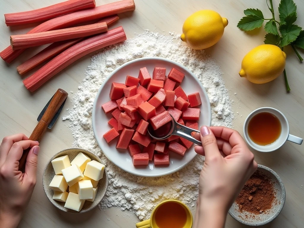 Ingredients for homemade rhubarb pie arranged for baking