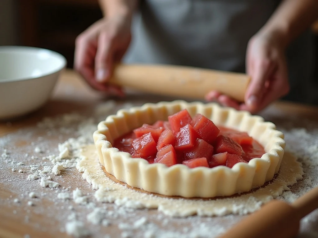 Rolling homemade pie dough while preparing rhubarb pie filling
