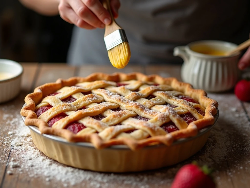 Applying egg wash and coarse sugar to a rhubarb pie crust