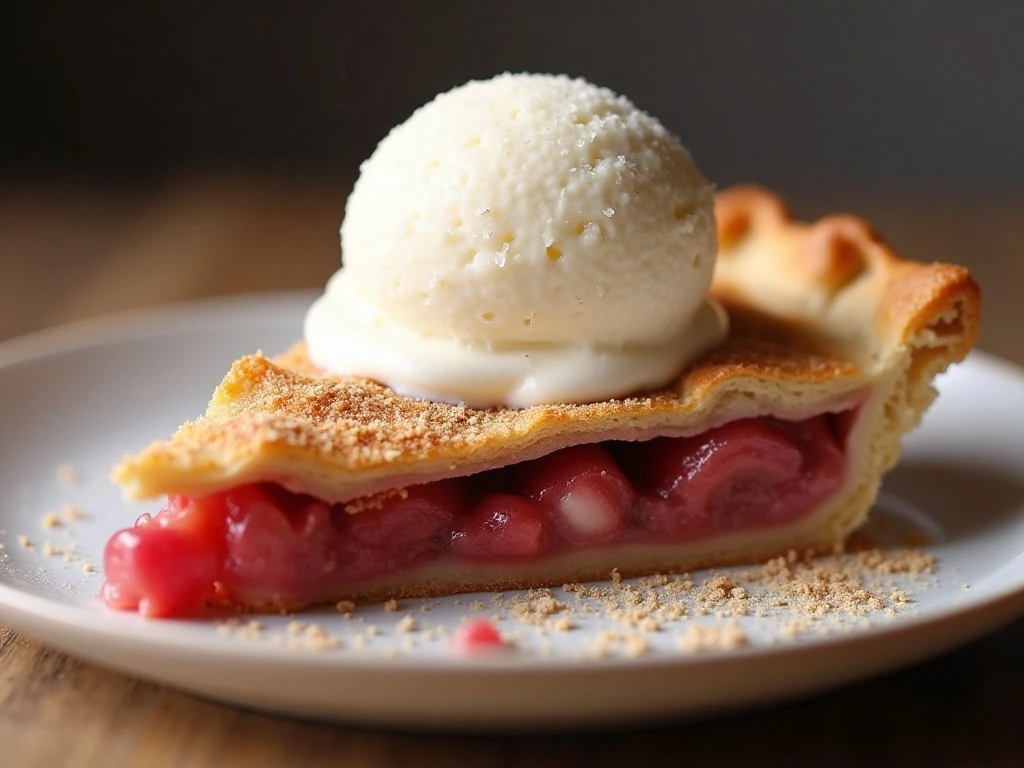 Rhubarb pie slice with flaky crust and vanilla ice cream