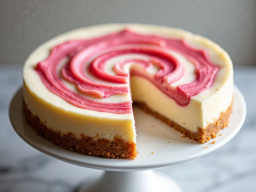 Rhubarb swirl dessert showing creamy cheesecake and a golden graham-cracker crust