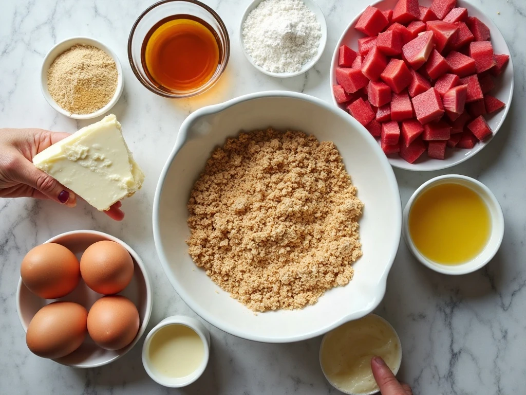 Ingredients for rhubarb swirl dessert arranged on a kitchen counter