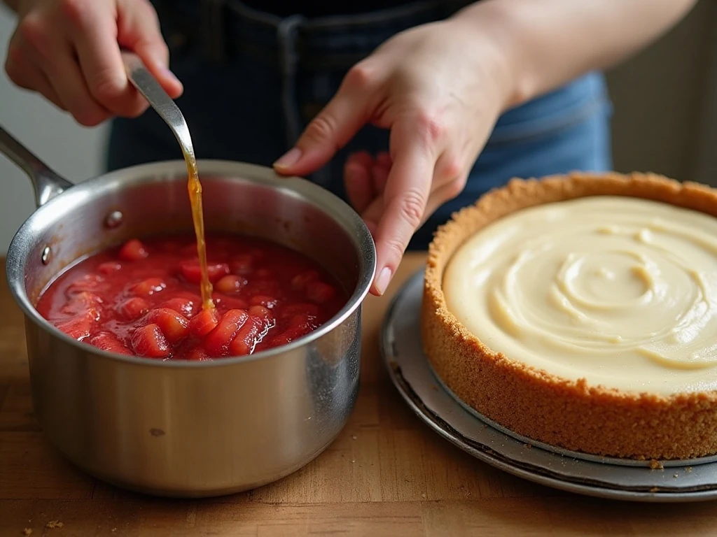 Preparing rhubarb mixture and cheesecake components for the dessert