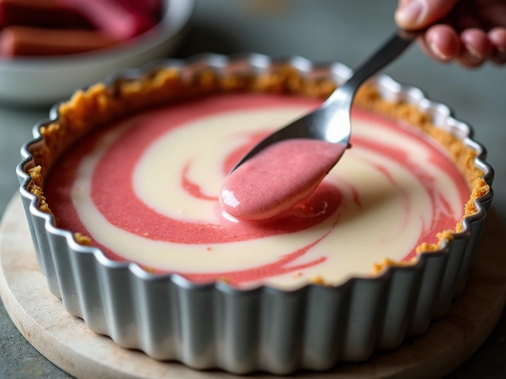 Rhubarb mixture being swirled through cheesecake batter