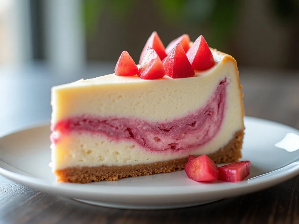 Chilled slice of rhubarb swirl dessert ready to serve