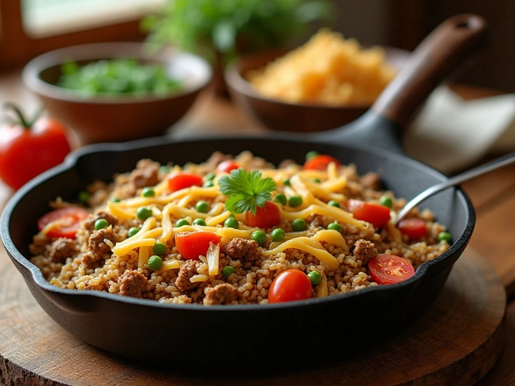 Hearty rice and ground beef dinner served from a skillet