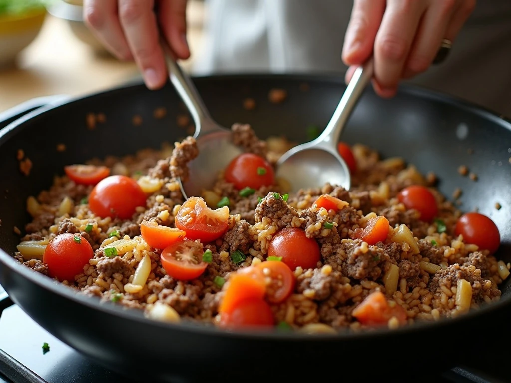 Cooking beef, rice, tomatoes, and broth in a skillet