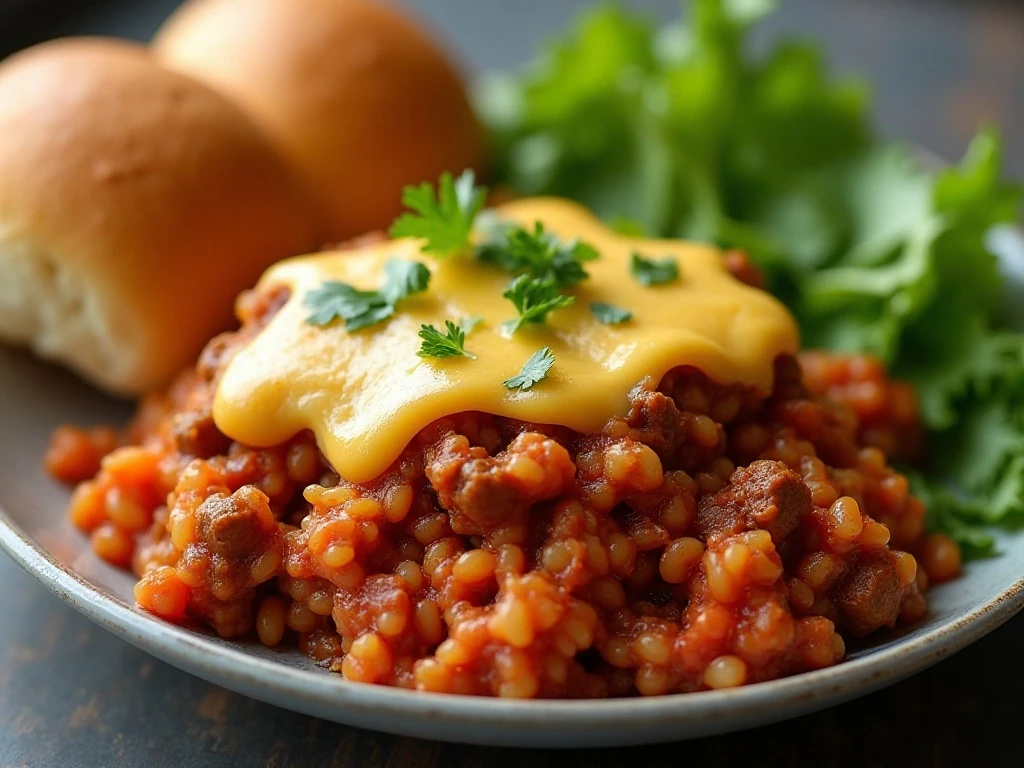 Rice and ground beef dinner with cheddar, parsley, and rolls