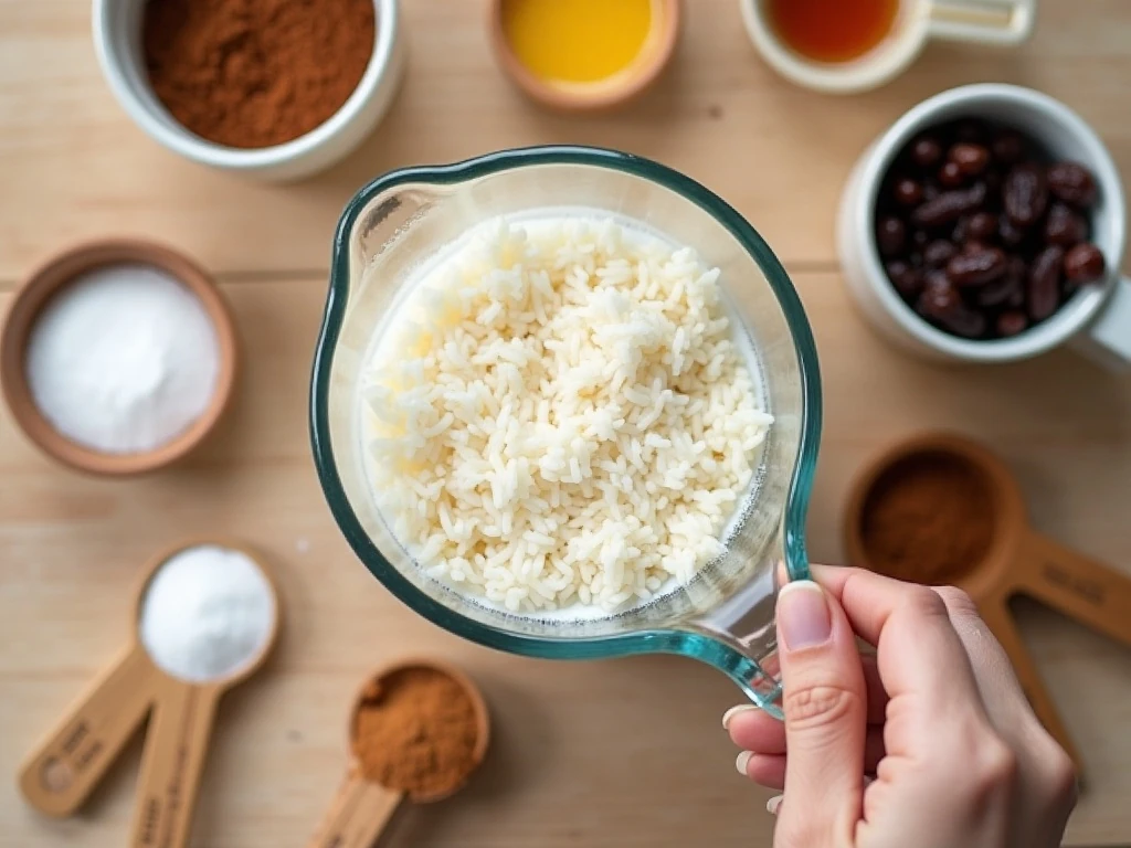 Ingredients for creamy old-fashioned rice pudding arranged on a kitchen counter