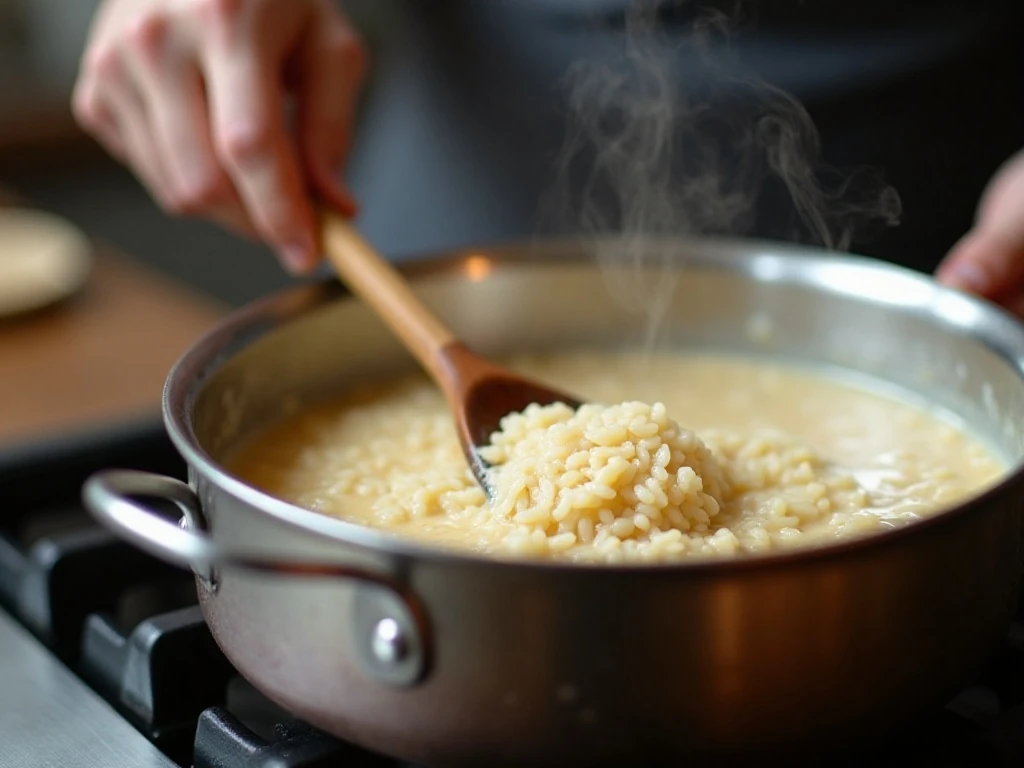 Rice pudding cooking and being stirred in a saucepan