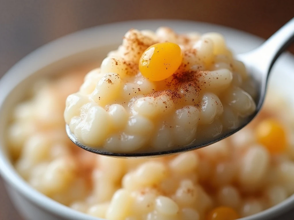 Close-up of cinnamon and raisin rice pudding