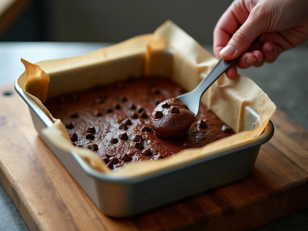 Smooth black bean brownie batter spread in a baking pan