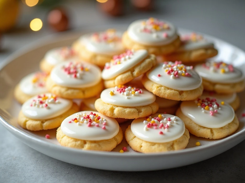 Soft Italian ricotta cookies with lemon glaze arranged on a serving platter