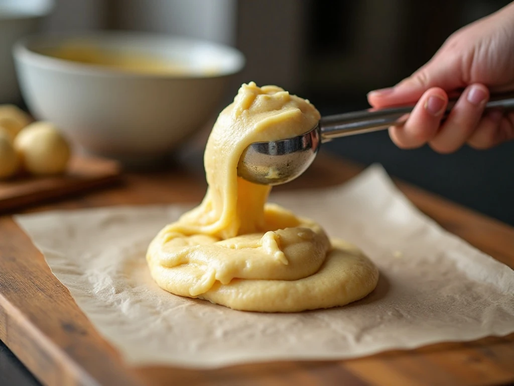 Scooping soft ricotta cookie dough onto a parchment-lined baking sheet