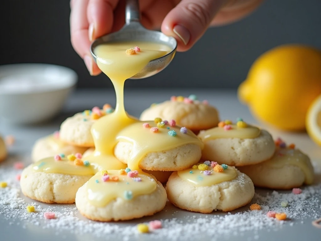 Adding lemon glaze and sprinkles to Italian ricotta cookies