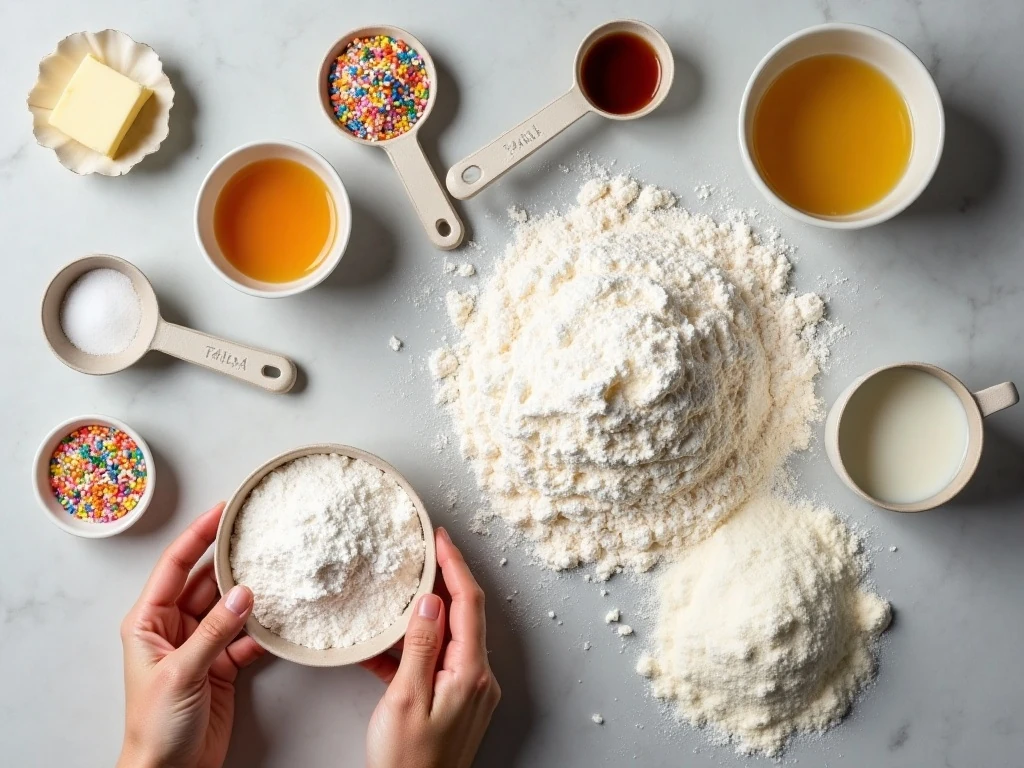 Ingredients for ricotta sprinkle cookies arranged for baking