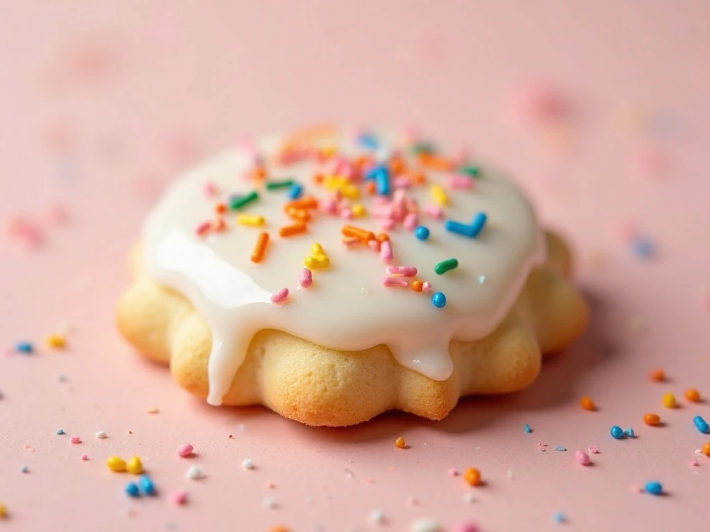 Close-up of vanilla glaze and colorful sprinkles on a ricotta cookie