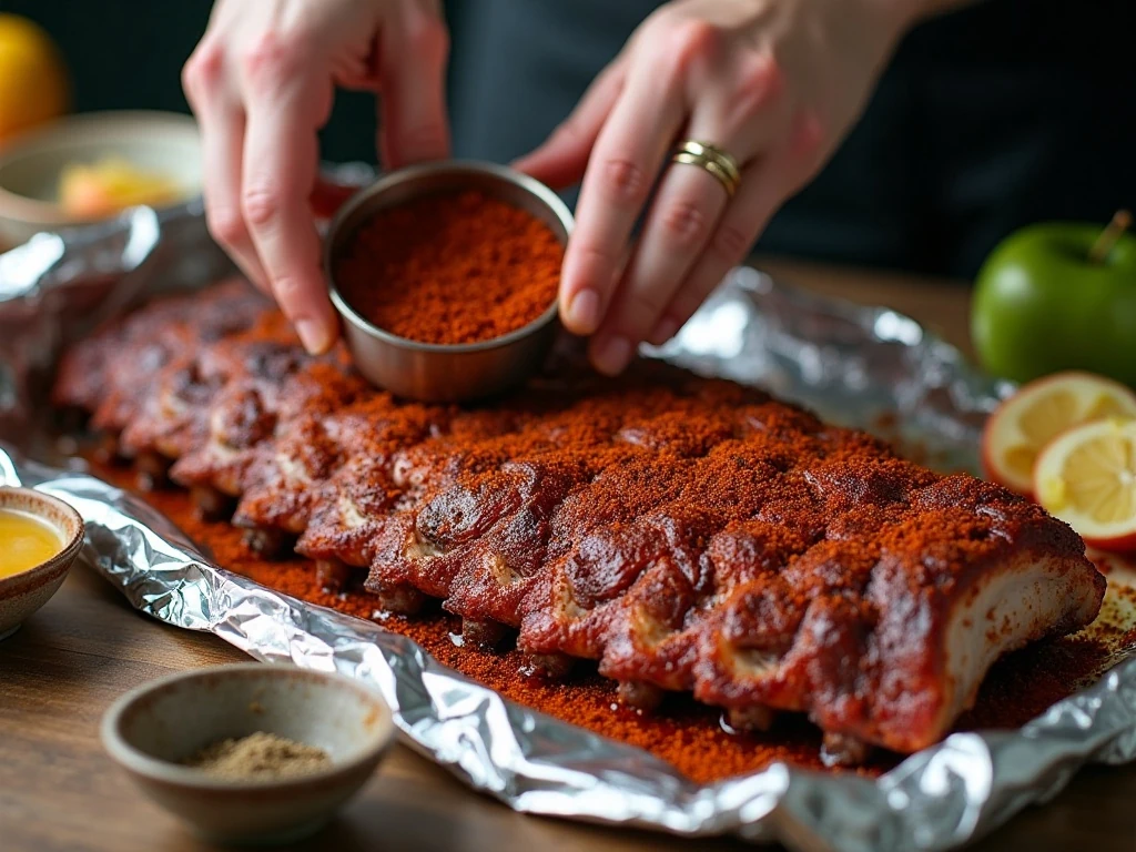Applying dry rub to baby-back ribs before slow cooking